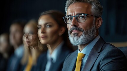 Focused Businessman in Meeting with Colleagues, Serious Expression Reflects Professionalism and Engagement in Corporate Environment