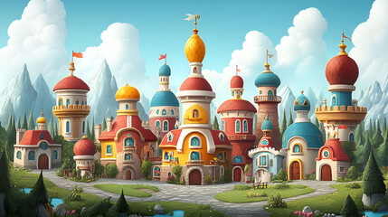 Fototapeta premium A whimsical fairytale village nestled amongst majestic mountains