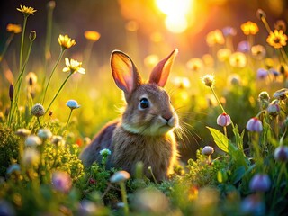 Fototapeta premium Sunny Meadow Rabbit: Cute Bunny Wildflowers Aerial Photography AI Art