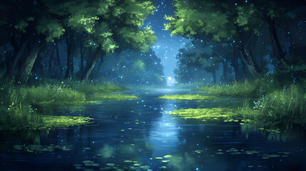 Serene Nighttime Forest River Scene With Glowing Lights
