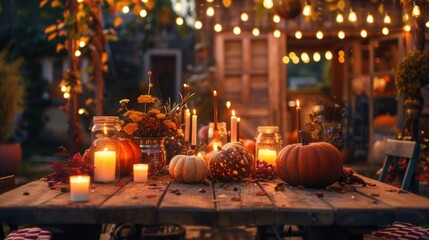 Fototapeta premium Autumn Festival Scene with Mocha Mousse Decorations and Candlelit Wooden Table Display