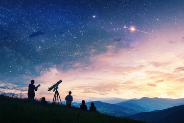 Astronomical event viewing party stargazing under the stars outdoor setting community gathering for eclipse or meteor shower events