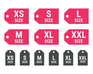 Clothing size icon set, XS, S, M, L, XL, XXL tags