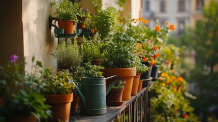Fototapeta premium A vibrant balcony garden featuring various potted herbs and flowers, showcasing the beauty of greenery in an urban setting
