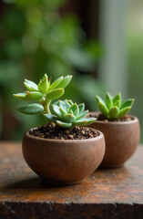 cactus plants in ceramic pots color mocha mousse. Trend color of 2025