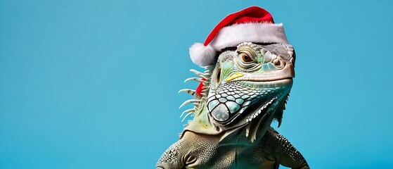 Cute Iguana Wearing Sunglass and Santa Hat For Christmas and New Year Greeting Card