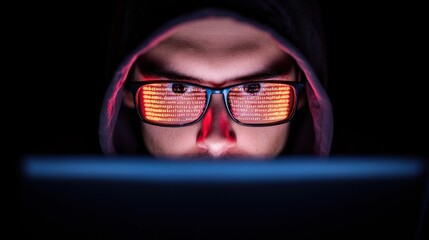 A focused individual in a hoodie stares intently at a laptop, illuminated by bright screen lights reflecting off their glasses.