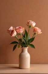 Fototapeta premium Vase with flowers on a neutral background color mocha mousse. Trend color of 2025