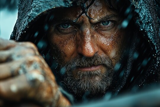 Sailor grips rope with determination in harsh weather conditions