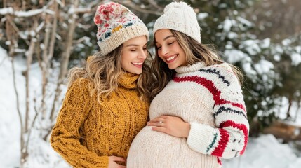 Obraz premium Two smiling women in cozy sweaters and hats pose in snowy scenery, celebrating pregnancy and friendship.