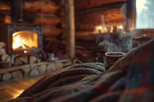 A warm mug of steaming coffee in a cozy cabin setting with a fireplace in the background.