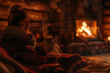 Fototapeta premium Woman relaxing by a fireplace with a warm drink in hand.