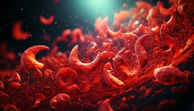 3D Illustration of Microscopic View of Sickle Cells in Bloodstream - Medical illustration