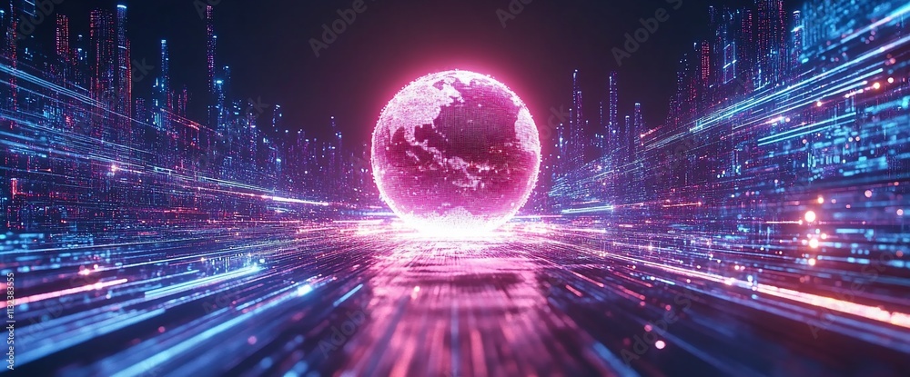 Poster a vibrant digital landscape with a glowing planet and dynamic light trails.