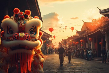 Vibrant Festivity with Colorful Lion Dance and Lanterns Amidst Traditional Streets Captured at...