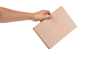 Blank book cover in hand on transparent background.