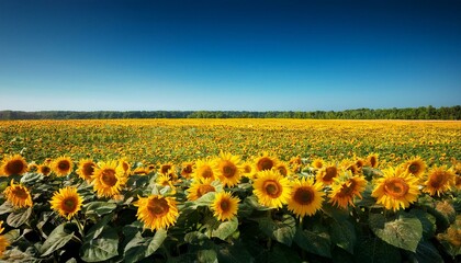 Obraz premium A vibrant sunflower field under a clear blue sky.