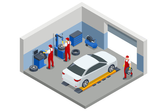Isometric, Mechanic at a garage workshop. Wheel and tire installation services. Transportation solutions, tire maintenance, and computerized balancing equipment.