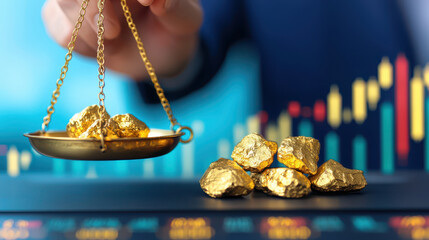detailed close up of hand weighing gold nuggets on scale, showcasing value of gold in finance. background features financial charts and data, emphasizing investment