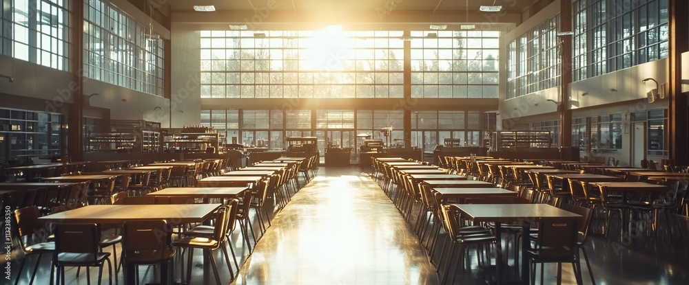 Poster brightly lit school cafeteria with rows of tables and chairs.
