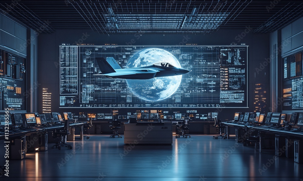 Poster Control room with advanced technology displaying an aircraft and Earth.