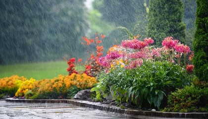 A wet garden with blooming flowers in the rain.
