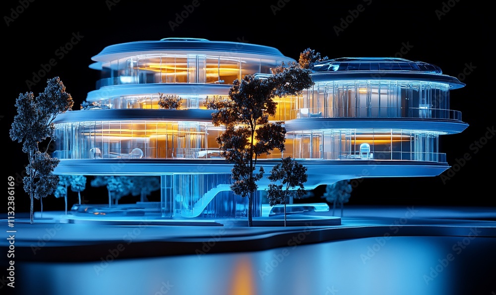 Poster futuristic architectural design showcasing a modern, illuminated building.