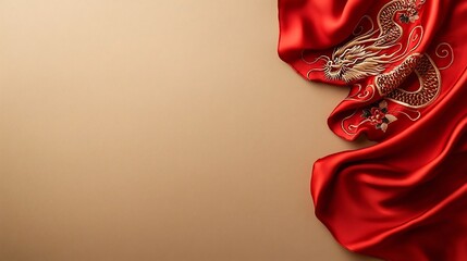 Elegant Red Silk Cloth with Ornate Embroidered Dragon Design Isolated on a Neutral Background with Ample Copy Space for Luxury or Oriental Themed Designs