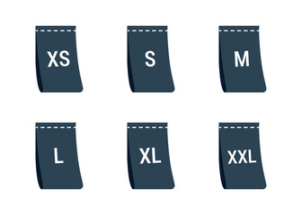 Clothing size icon set, XS, S, M, L, XL, XXL tags