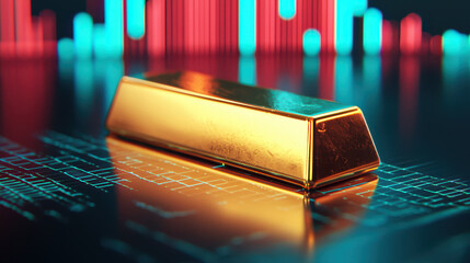 gleaming gold bar rests on reflective surface, surrounded by vibrant digital graphs. scene conveys sense of wealth and investment potential