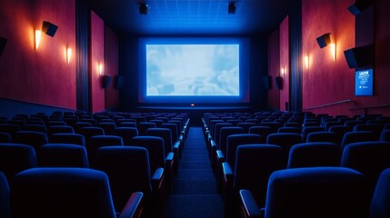 Fototapeta premium Beautifully lit IMAX cinema interior, with huge screens and immersive 3D graphics, ready for a blockbuster movie experience