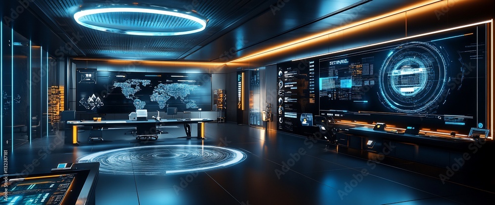Poster futuristic control room with advanced technology and global maps.