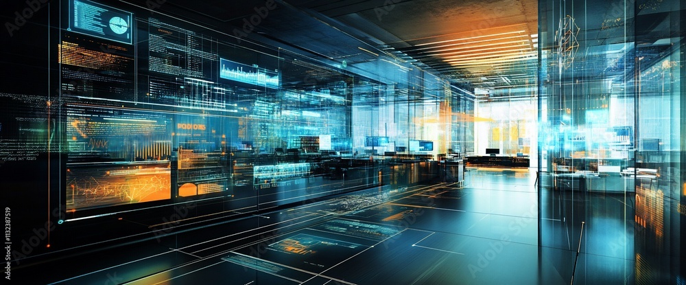 Aufkleber futuristic office space with digital interfaces and data displays.