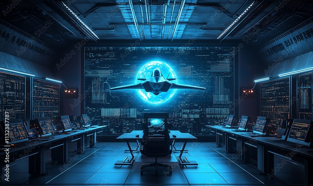 Aufkleber futuristic control room with advanced technology and aircraft display.