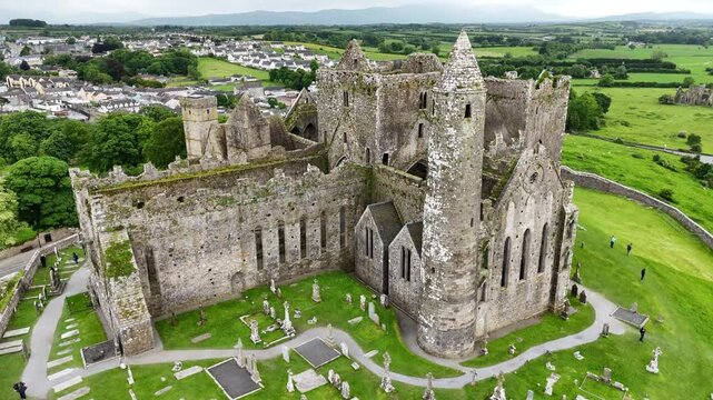 Aerial shot of Rock of Cashel historical site in Cashel, Ireland