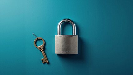 Protection Concept: Silver Padlock and Brass Key on Deep Blue Background for Security Campaigns and...