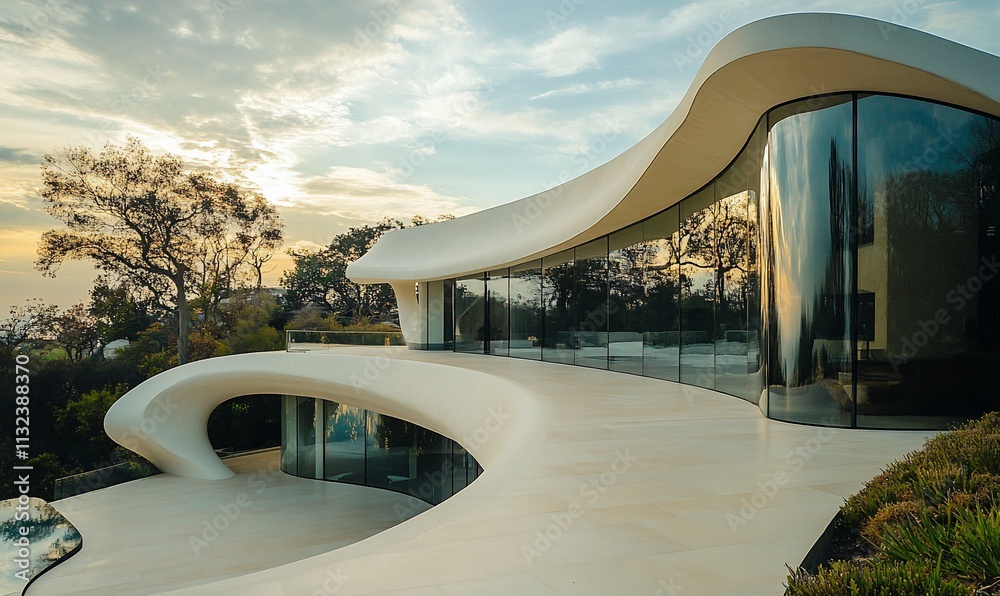 Poster modern architectural design featuring flowing curves and large glass windows.