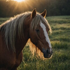 Obraz premium A horse with a mane glistening with dew as it grazes in a morning meadow.