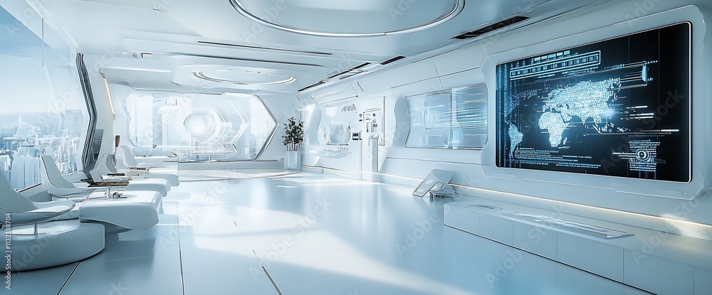 Poster modern futuristic office space with advanced technology and panoramic views.