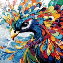 Obraz premium A colorful peacock with vibrant, swirling feathers, showcasing a magnificent display of hues and artistic flair.