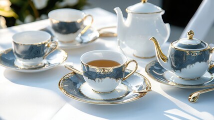 Fototapeta premium Host a sophisticated tea party with elegant fine china tea sets on a pristine white tablecloth