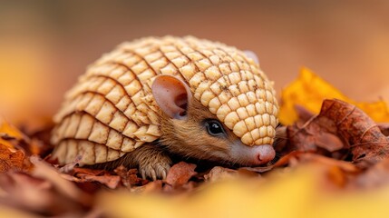 Obraz premium Armadillo resting among autumn leaves in a natural setting