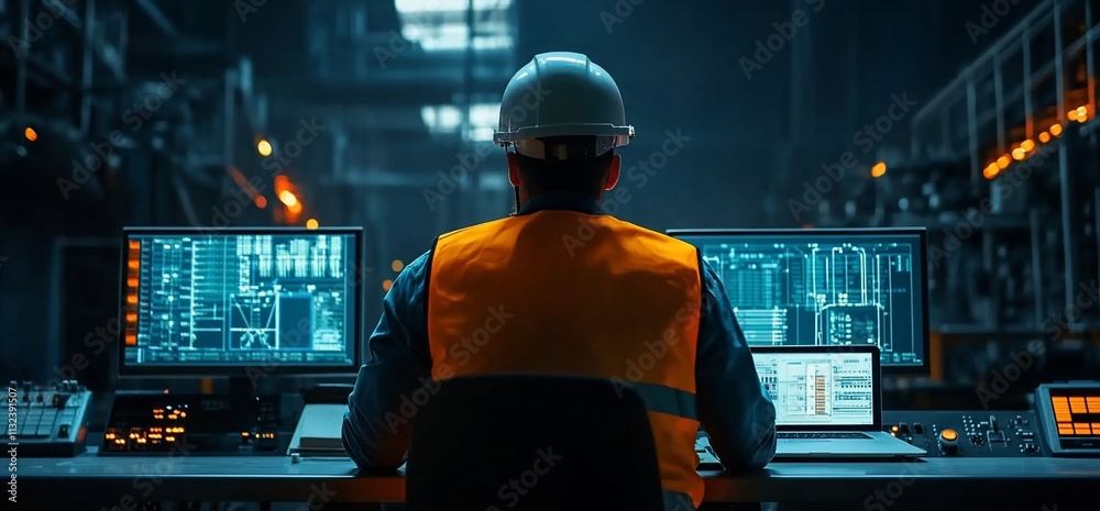 Leinwandbilder worker monitoring industrial processes on multiple screens in a factory.