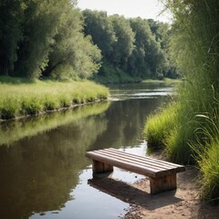 A rustic wooden bench placed by the edge of a calm river, surrounded by tall grass, inviting peaceful contemplation and reflecting the tranquility of nature