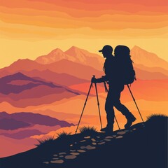 Silhouette of a male hiker with a backpack trekking at sunset, surrounded by vibrant mountains.