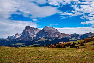 Panoramic view of the Sasso Lungo group in the Dolomites, Italy.