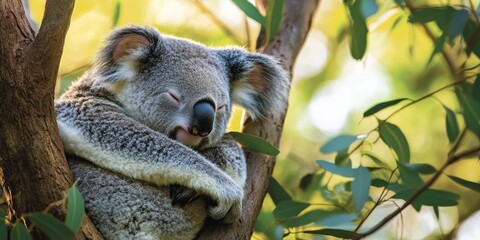 Fototapeta premium Koala resting peacefully high in the tree, showcasing the serene beauty of the koala in its natural habitat. This image captures the essence of a koala enjoying a tranquil moment aloft.