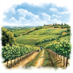 Fototapeta premium A vibrant landscape showcasing lush green vineyards under a bright blue sky in a peaceful countryside setting.