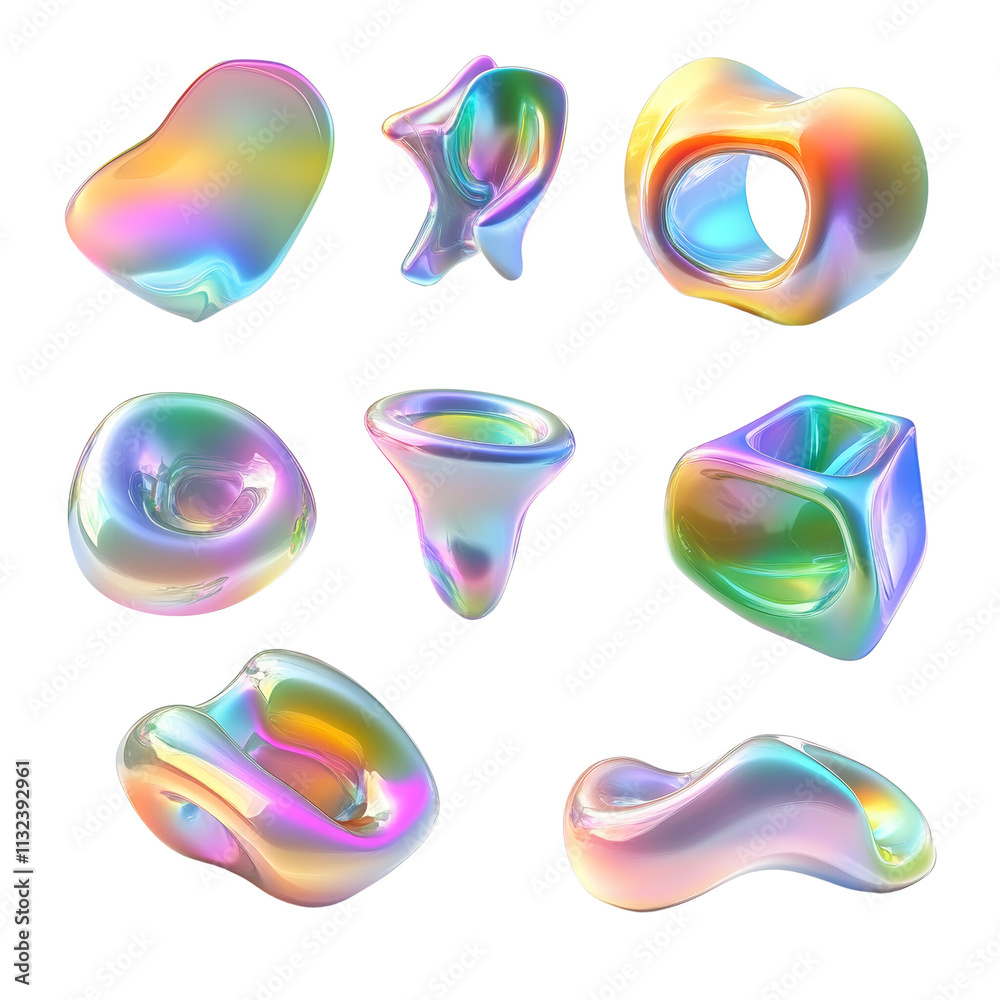Aufkleber 3D Set of Abstract Gradient Shapes with Holographic Fluid Effect on transparent Background