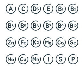 vitamin and mineral complex for human health icons set, micro and macro elements